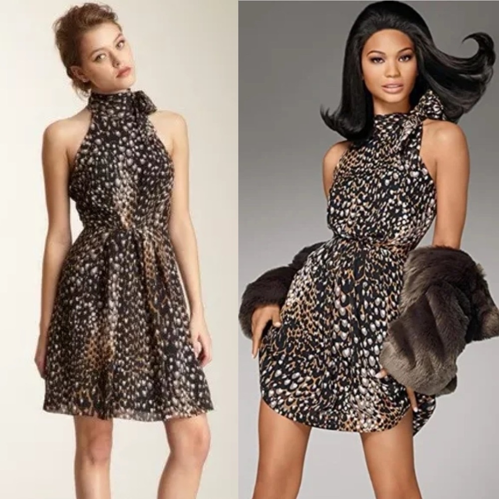Trina Turn sz 6 Madame Blanche 100% silk cheetah/animal print neck tie dress